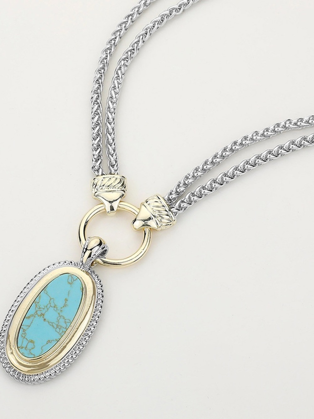 14KGP Two-Tone Silver & Gold Double Chain Necklace with Turquoise Oval Pendant - Picture 3 of 3